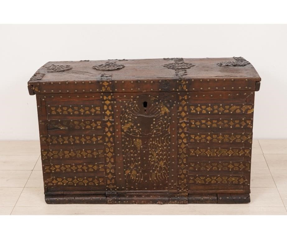 Appraisal: French walnut traveling trunk with iron mounts and brass studs