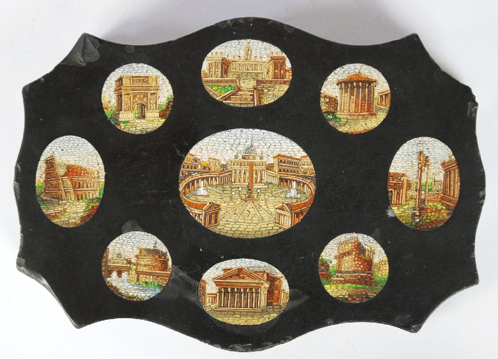 Appraisal: NINETEENTH CENTURY BLACK MARBLE TABLET inset with micro mosaic vignettes