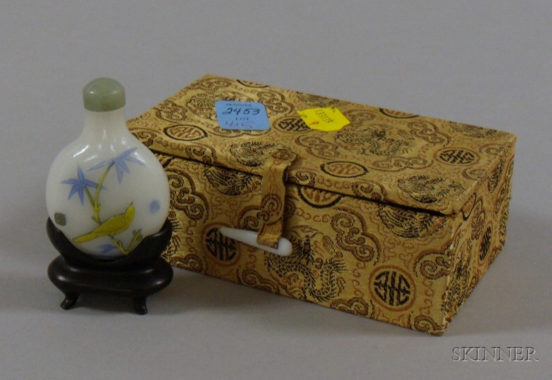 Appraisal: Cased Cameo Snuff Bottle bird and floral decorated with stand