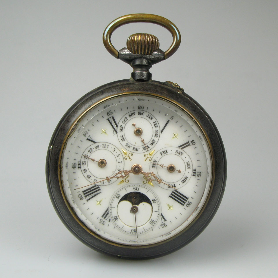 Appraisal: Swiss Openface Pocket Watch With Moon Phase And Triple Calendar