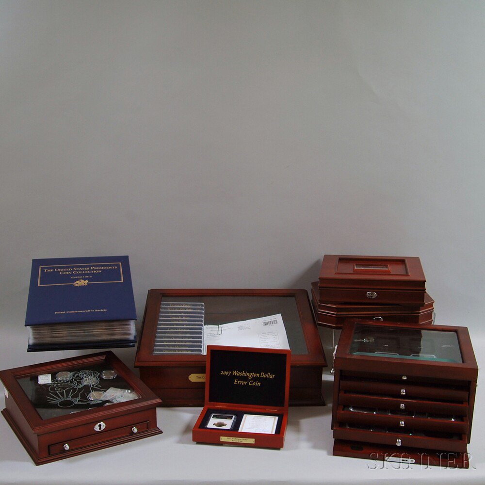 Appraisal: Group of Hardwood-cased Presidential Dollars and U S Silver Coins