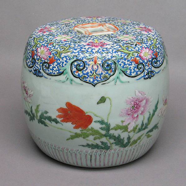 Appraisal: A famille rose enameled miniature garden seat Of drum shape