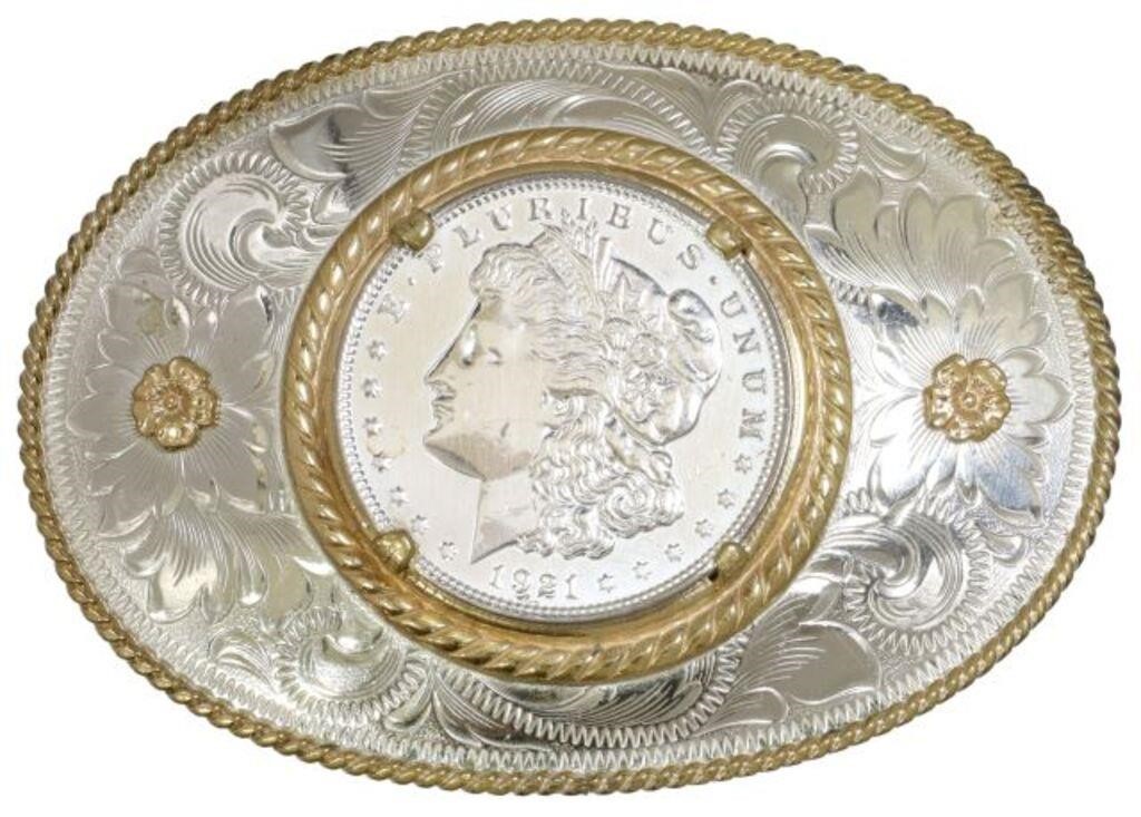 Appraisal: Western style German silver belt buckle Montana Silversmiths Columbus Montana