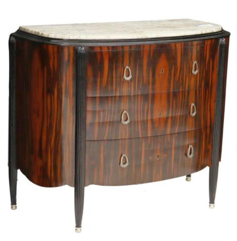 Appraisal: French Art Deco demilune commode c s possibly macassar ebony