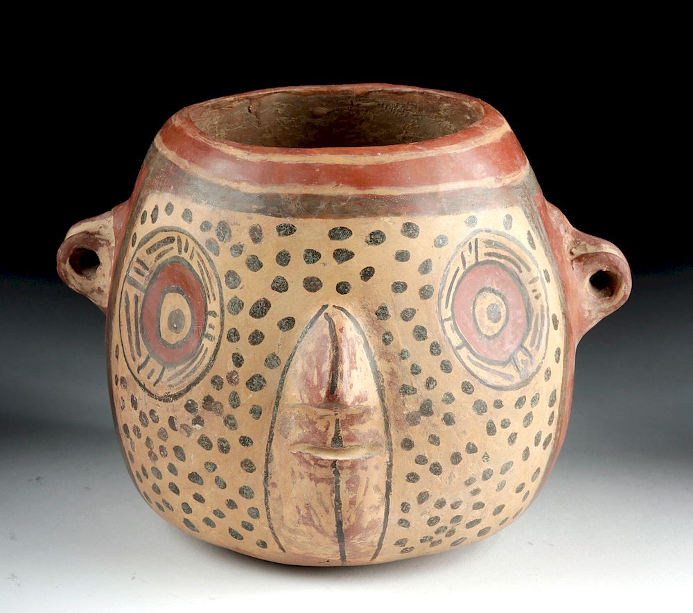 Appraisal: Nazca-Huari Polychrome Jaguar Shaman Head Jar Pre-Columbian South Coast Peru