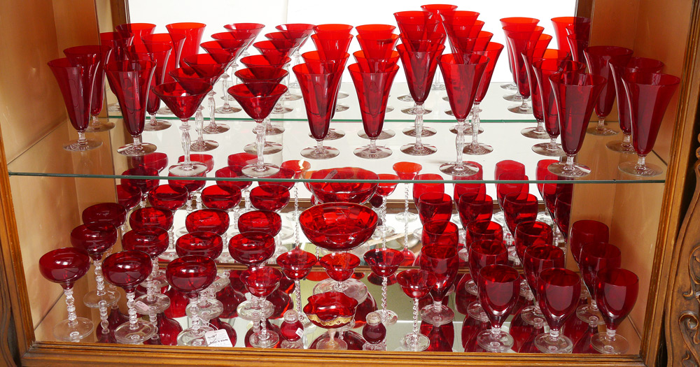 Appraisal: VINTAGE RUBY RED GLASSWARE BY CAMBRIDGE MORGANTOWN Cambridge Tally-Ho includes