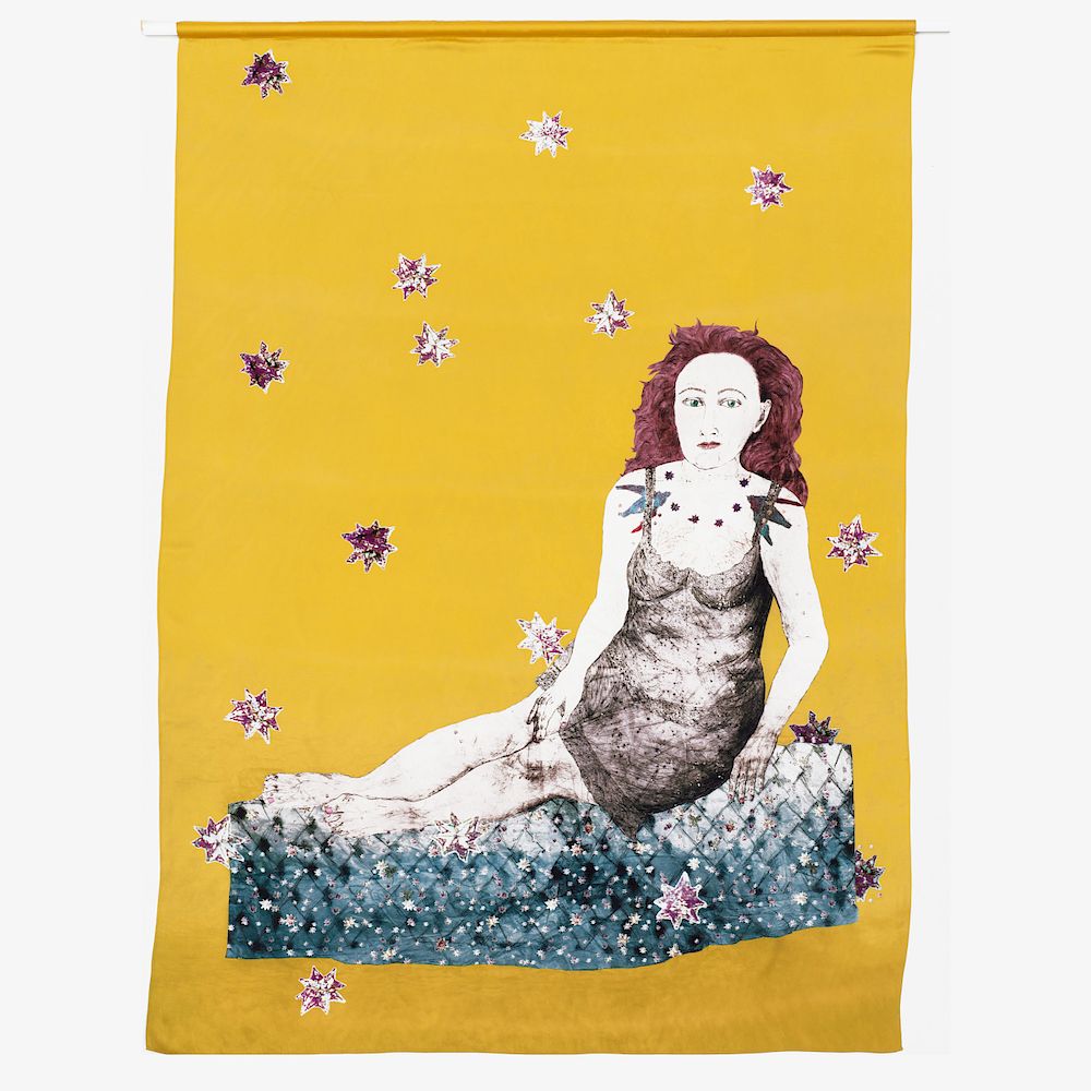 Appraisal: Kiki Smith b Sitting with Snake Screenprint on silk signed