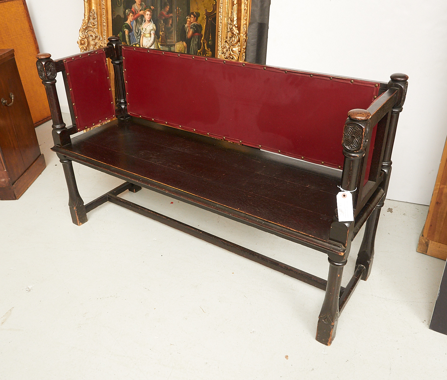 Appraisal: ENGLISH ARTS CRAFTS OAK AND LEATHER HALL BENCH th th