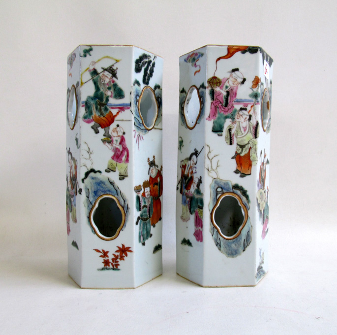 Appraisal: PAIR OF CHINESE LATE QING DYNASTY PORCELAIN HAT VASES Famille