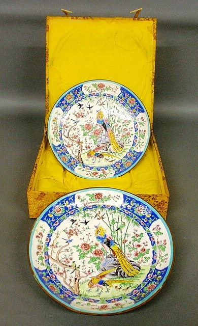 Appraisal: - Boxed pair of large colorful cloisonn deep plates probably