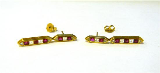 Appraisal: JEWELRY Pair of Diamond and Ruby Drop Earrings Pierced K