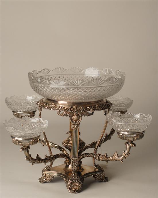 Appraisal: Cut Glass and Silverplate Epergne Centerpiece large central bowl and