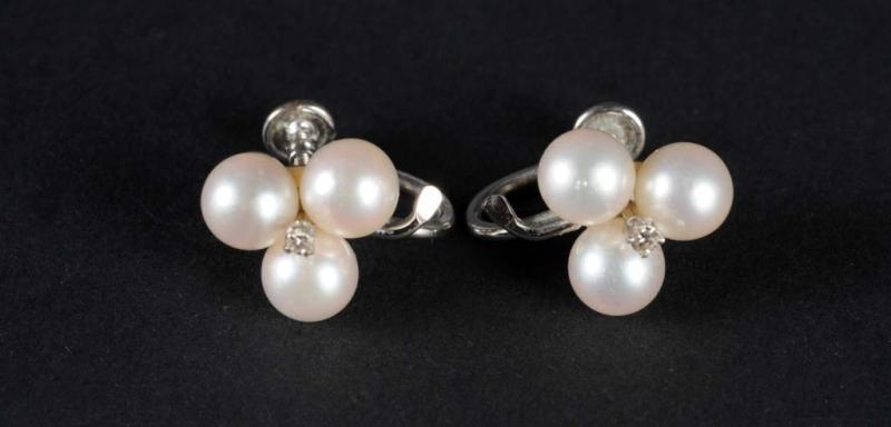 Appraisal: Pair of K Gold Pearl Earrings with Diamond Chip Description