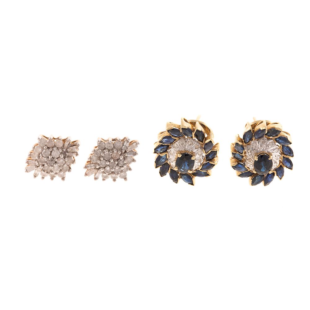 Appraisal: Two Pairs of Sapphire Diamond Earrings in Gold K yellow