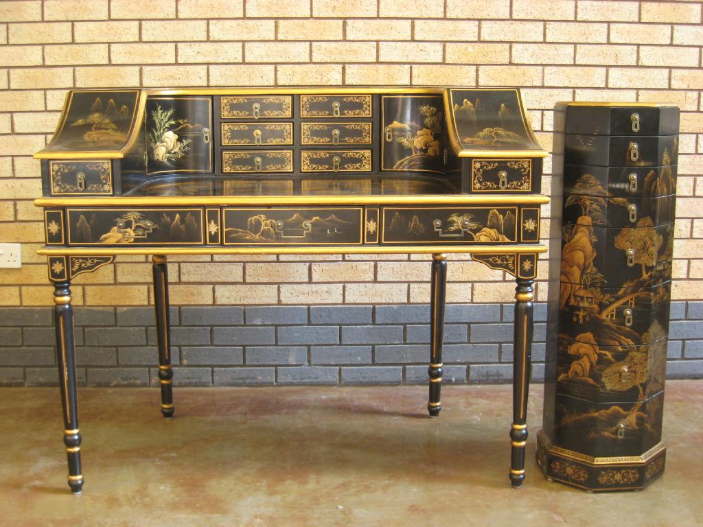 Appraisal: A black lacquered Carlton House type Desk and Chair with