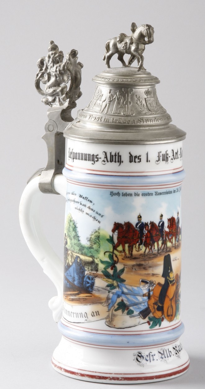 Appraisal: Stein features panoramic military scene lithophane bottom of horse and