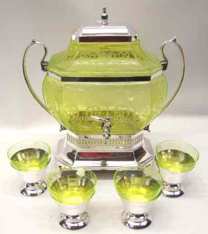 Appraisal: VASELINE GLASS SILVERPLATE LEMONADE SERVICE pieces double handled covered urn