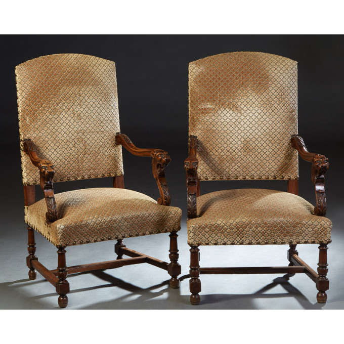 Appraisal: Pair of French Louis XIV Style Carved Walnut Fauteuils late