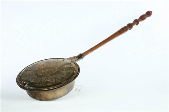 Appraisal: BEDWARMER Nineteenth century brass and maple Brass pan with engraved