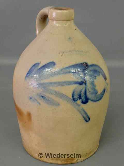 Appraisal: Three-gallon stoneware jug with blue decoration signed Cowden-Wilcox h