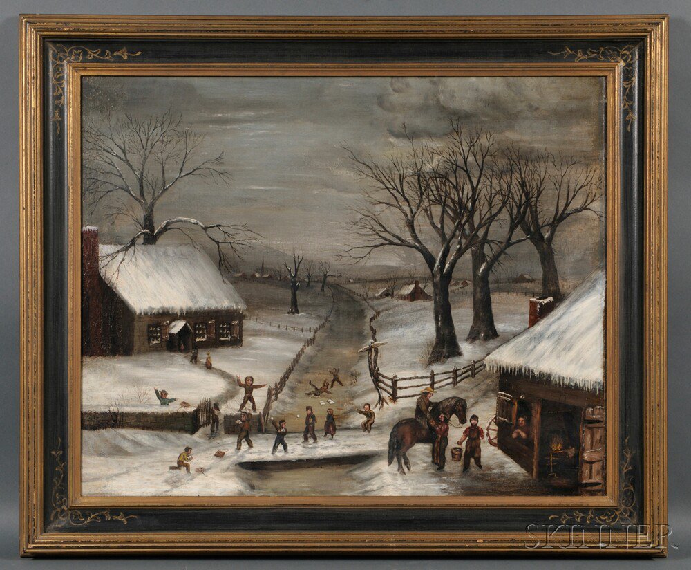 Appraisal: American School th Century Village Scene in Winter with Children