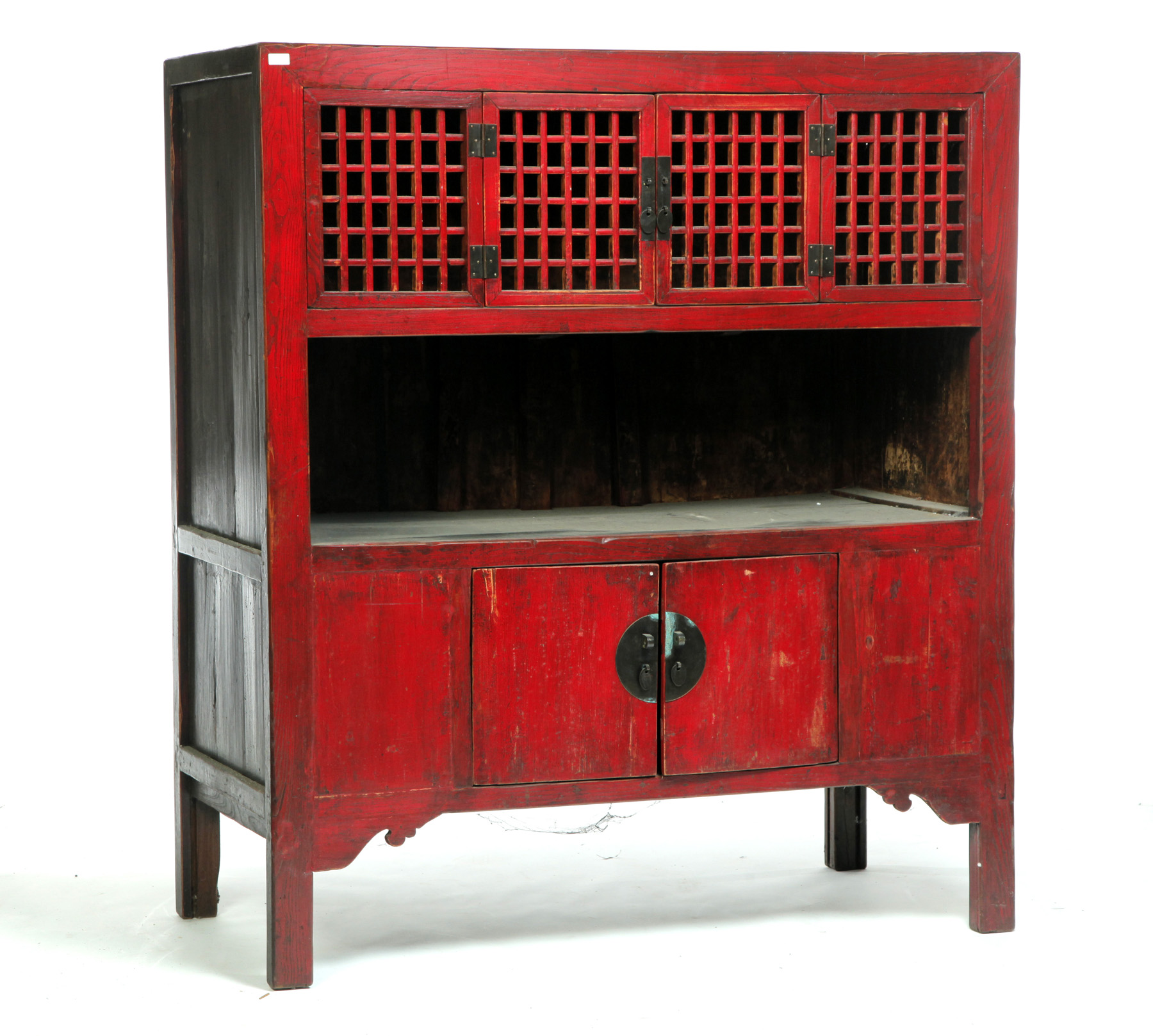 Appraisal: CHINESE LACQUERED STORAGE CABINET Late th century elm Lattice doors