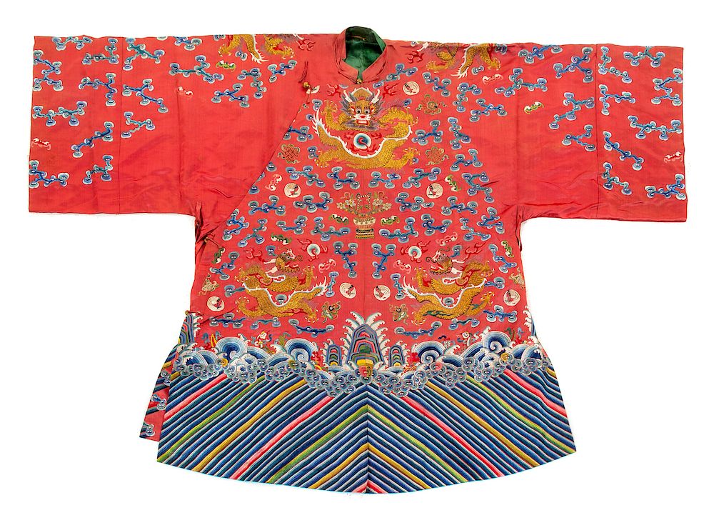 Appraisal: A Semi-Formal Red Ground Dragon Robe Collar to hem in