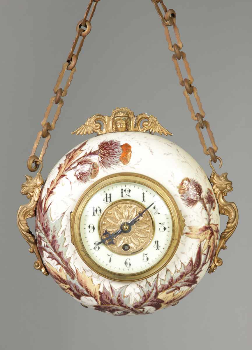 Appraisal: Ansonia Porcelain Wall Hanging Clock Gilded metal mounts Porcelain dial