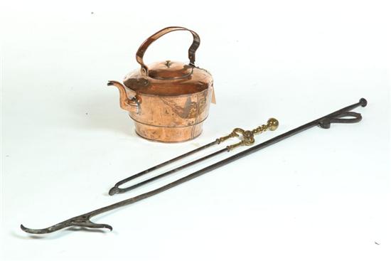 Appraisal: TWO FIREPLACE TOOLS AND A KETTLE Includes a large and