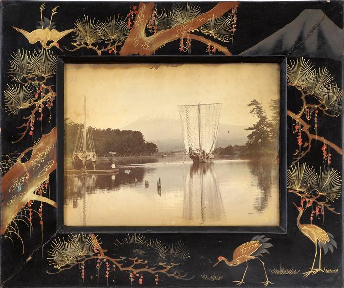 Appraisal: Japanese Black Lacquer Frame with Sepia-Tone Photograph of Harbor and