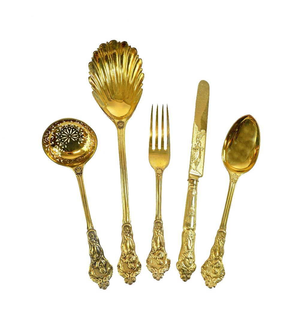 Appraisal: A rare and extensive Victorian parcel gilt flatware dessert service