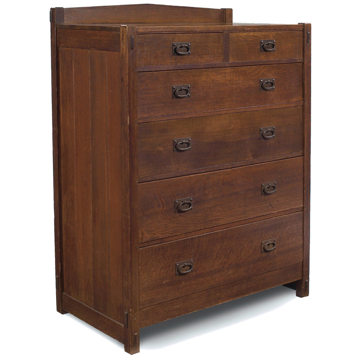 Appraisal: Gustav Stickley chest of drawers peaked top rail over two