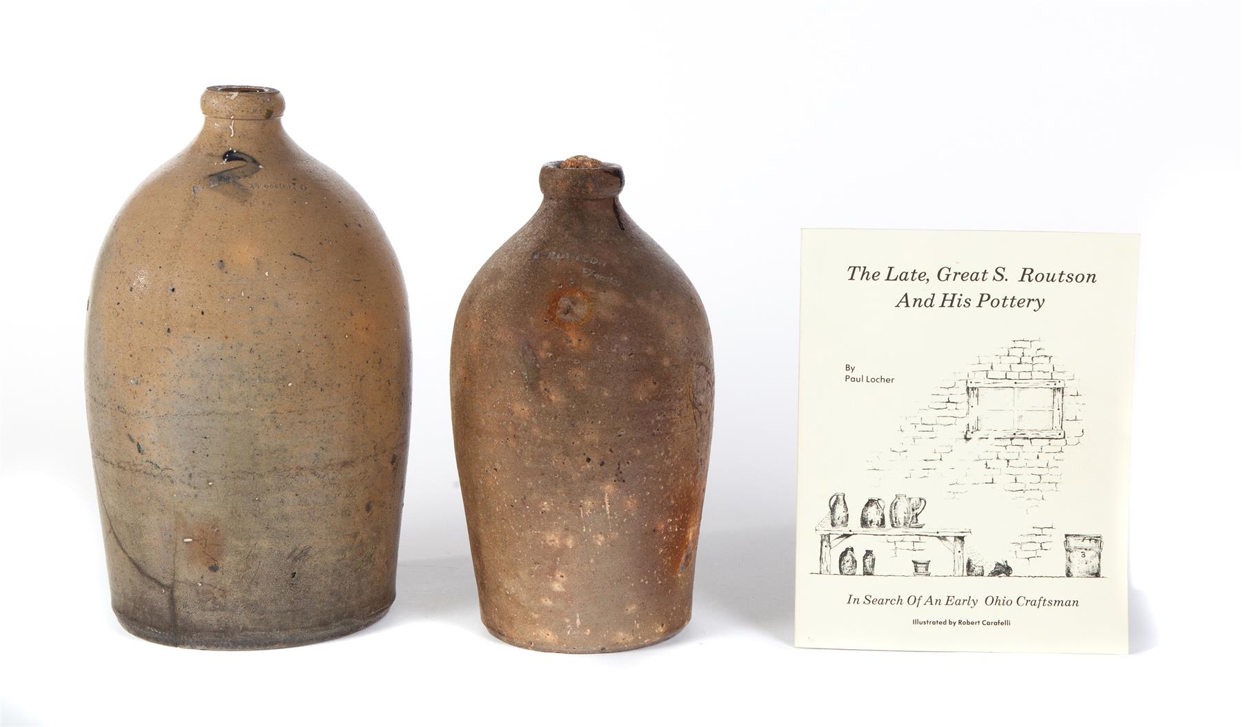 Appraisal: TWO STONEWARE JUGS BY SAMUEL ROUTSON AND A BOOK Wooster