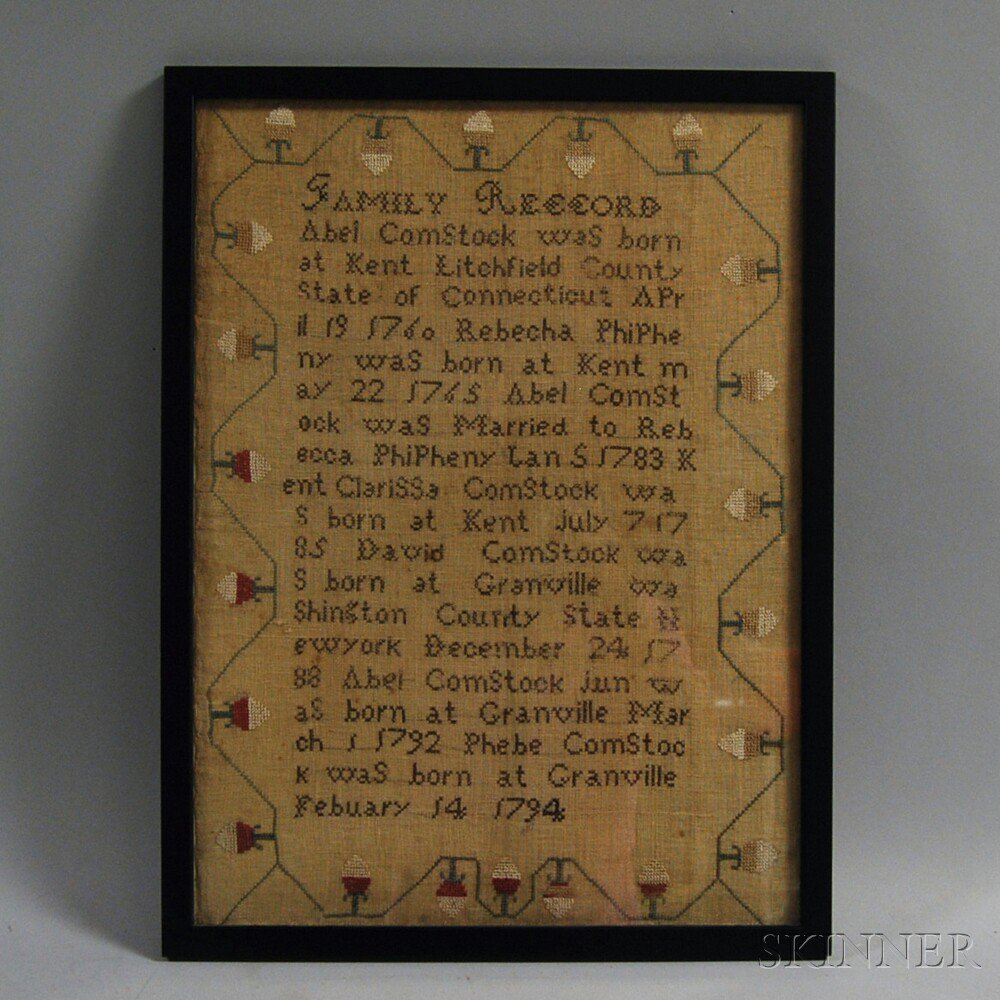 Appraisal: Framed Needlework Sampler Connecticut or New York late th century