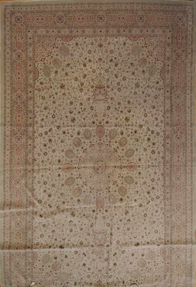 Appraisal: TABRIZ CARPET The sixteen lobed medallion and mosque lamps anchored