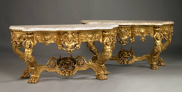 Appraisal: An imposing pair of Regence style carved giltwood console tables