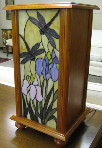 Appraisal: LEADED GLASS AND FINISHED WOOD ILLUMINATED DISPLAY PEDESTAL The square