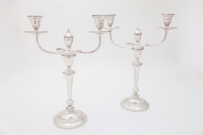 Appraisal: PAIR OF AMERICAN SILVER-REINFORCED THREE-LIGHT CANDELABRA WITH REMOVABLE SECTIONS Mark