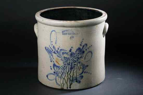 Appraisal: OTTMAN BROS CO BLUE SLIP DECORATED STONEWARE CROCK Fort Edward