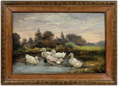 Appraisal: William F Hardy painting landscape with five ducks in pond