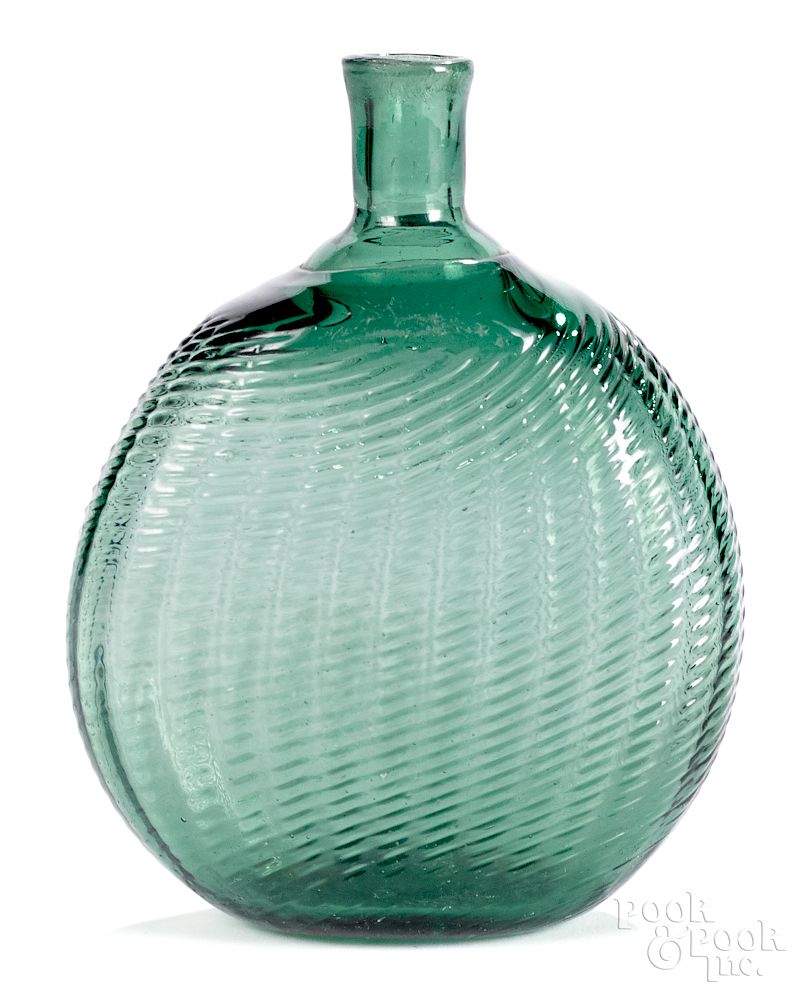 Appraisal: Midwestern pattern molded medium green glass flas Midwestern pattern molded