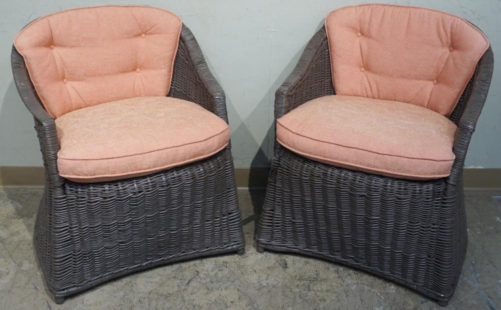 Appraisal: Pair of Faux Rattan and Upholstered Arm Chairs