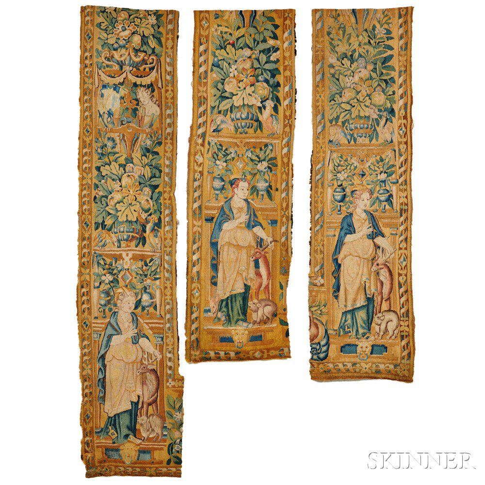 Appraisal: Three Tapestry Border Fragments Depicting Saints Continental early th century