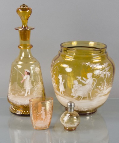 Appraisal: Four Pieces of Amber Mary Gregory GlassIncluding one decanter H