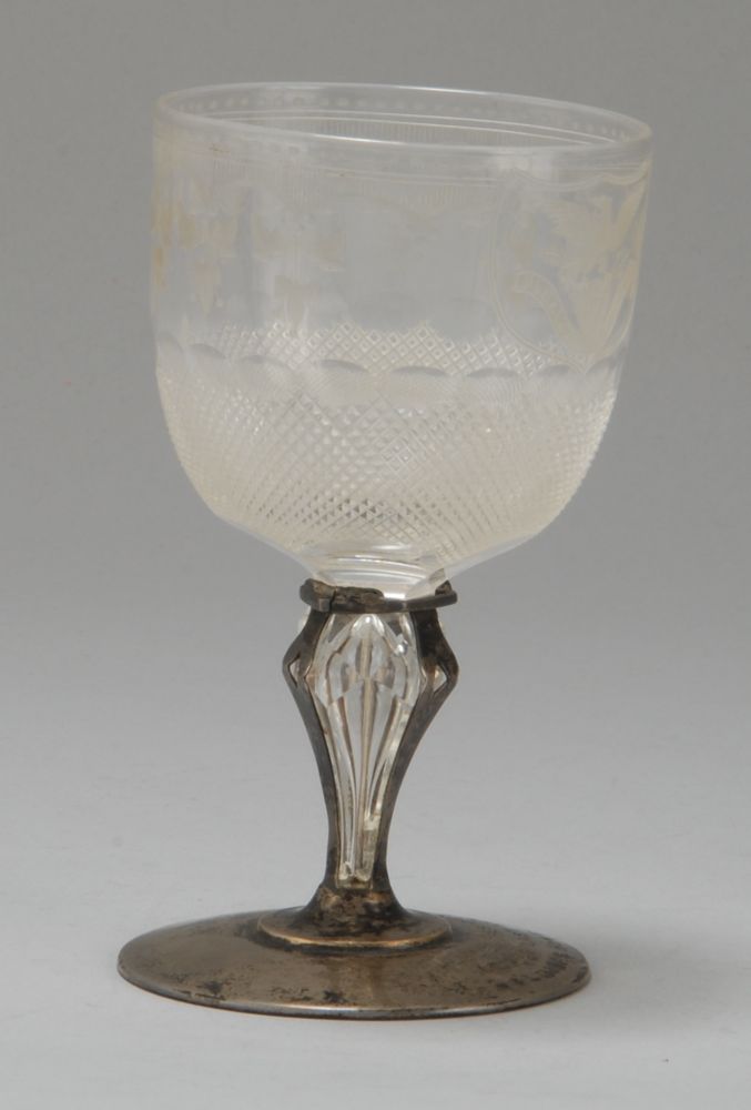 Appraisal: ENGRAVED GLASS AND STERLING SILVER SHERRY GLASS Mid- th CenturyPurportedly