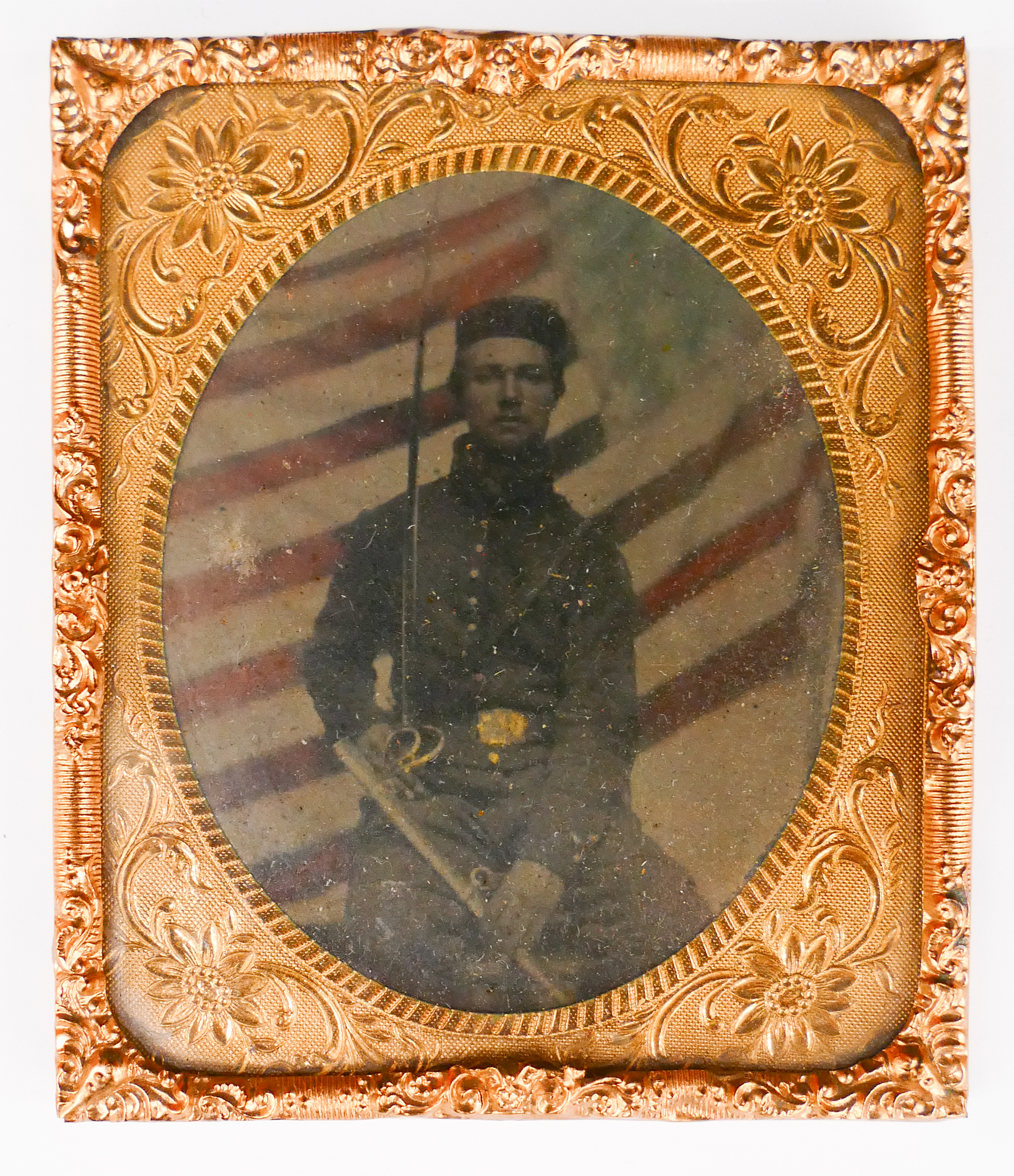 Appraisal: Sixth Plate Tintype US Cavalry Soldier with Saber Sword Tinted