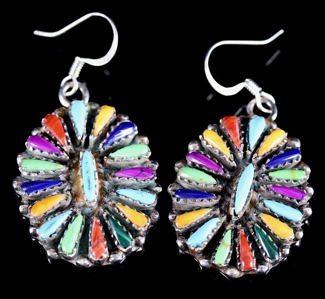 Appraisal: Signed Navajo Multi-Stone Needle Point Earrings For bidding in this