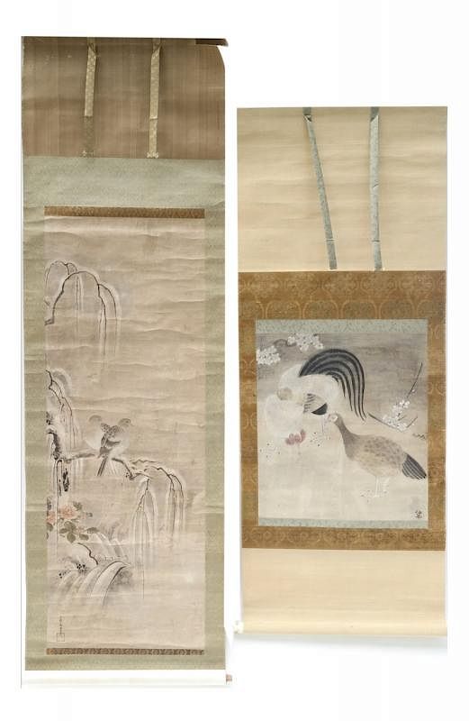 Appraisal: Two Asian Scrolls Chickens and Birds Two Asian scrolls one