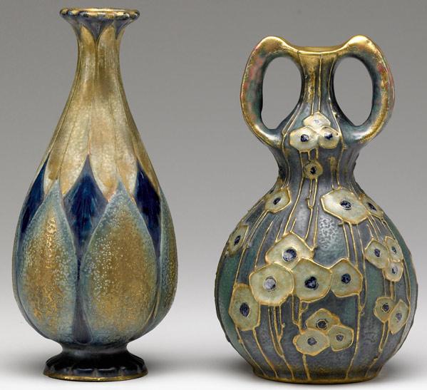 Appraisal: AMPHORA Two vases one two-handled with stylized blossoms invisible repair