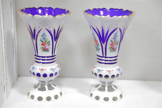 Appraisal: PAIR OF CUT OVERLAY VASES White cut to cobalt with